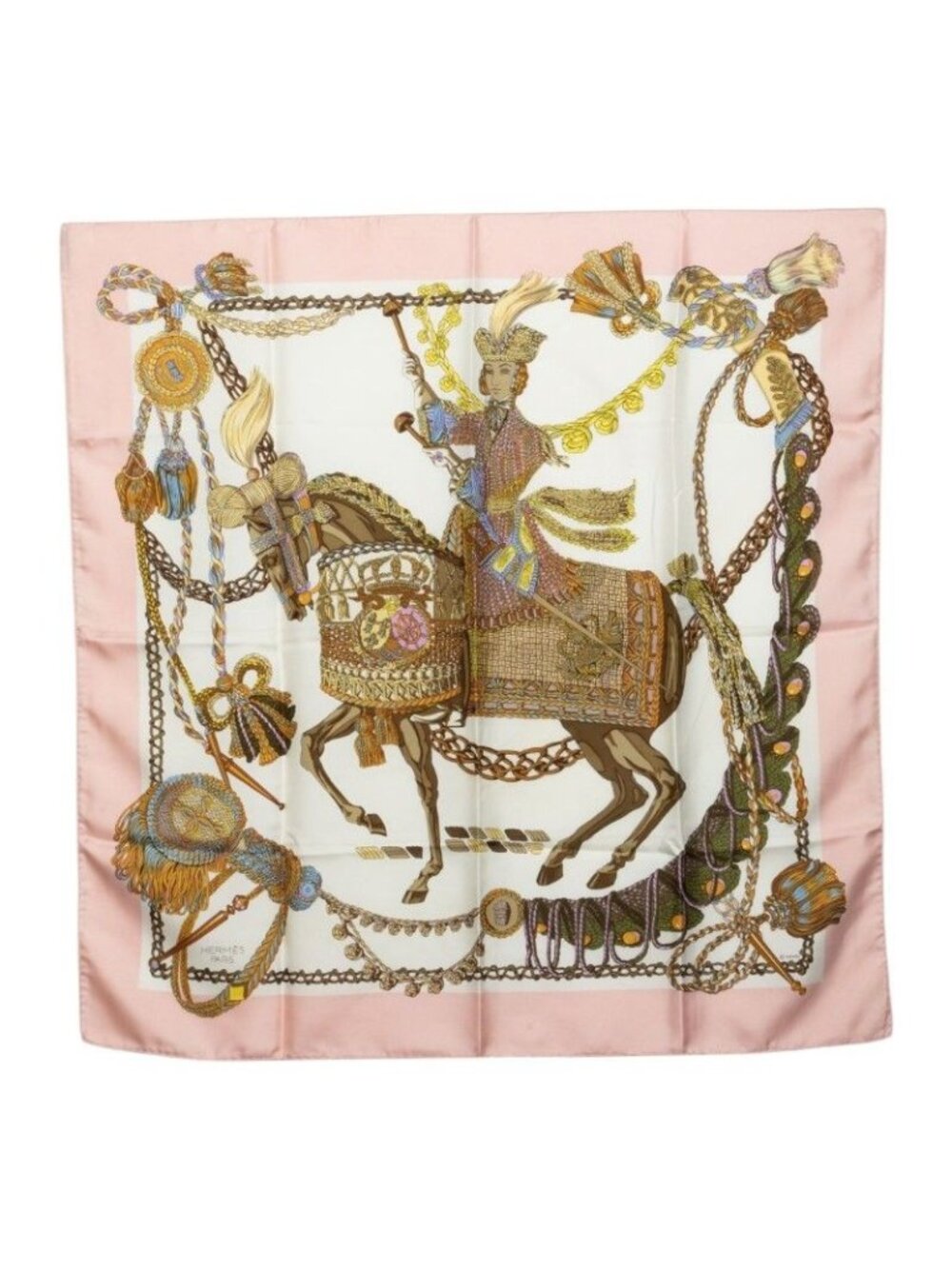 Hermes Carre 90 le Timbalier Timpani Player Scarf Light Pink Multicolor Silk